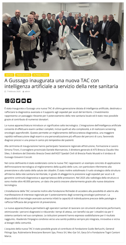 A Gussago inaugurata una nuova TAC con intelligenza artificiale a servizio della rete sanitaria - Radio Bruno Brescia