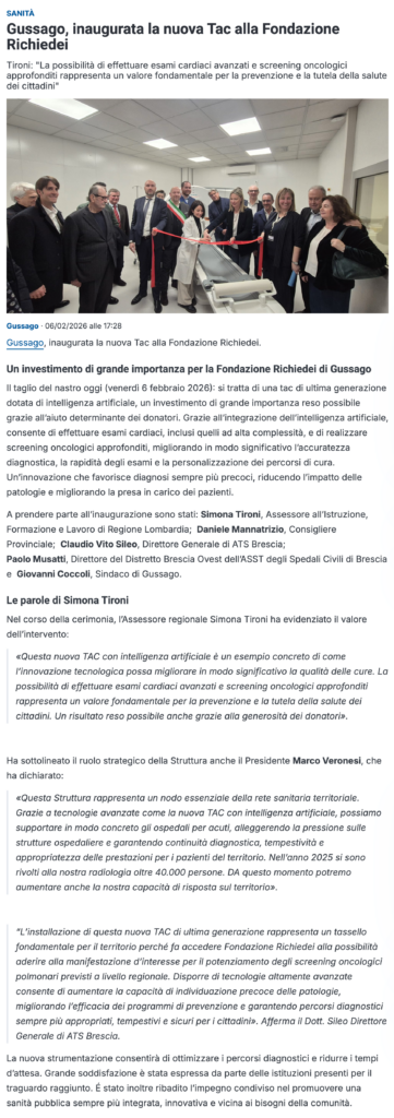 Gussago, inaugurata la nuova Tac alla Fondazione Richiedei - Prima Brescia