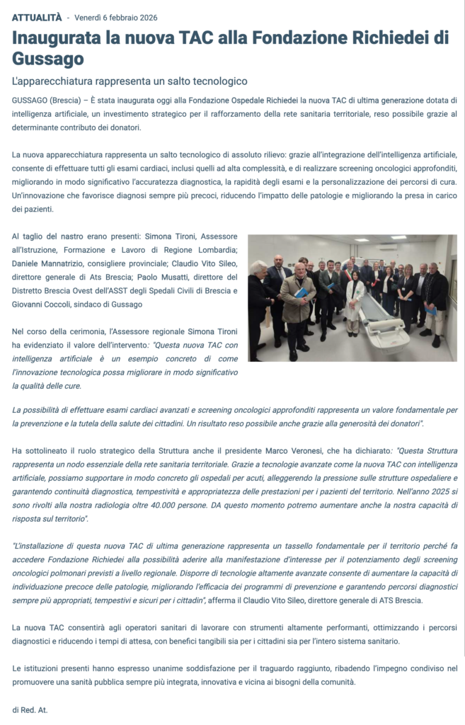 Inaugurata la nuova TAC alla Fondazione Richiedei di Gussago - Gazzetta delle Valli