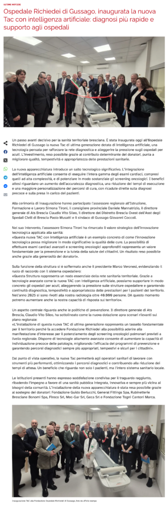 Ospedale Richiedei di Gussago, inaugurata la nuova Tac con intelligenza artificiale: diagnosi più rapide e supporto agli ospedali - BS News