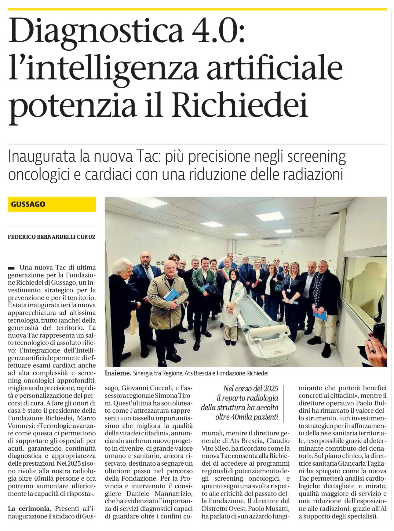 Fondazione Berlucchi sostiene la nuova TAC con IA del Richiedei